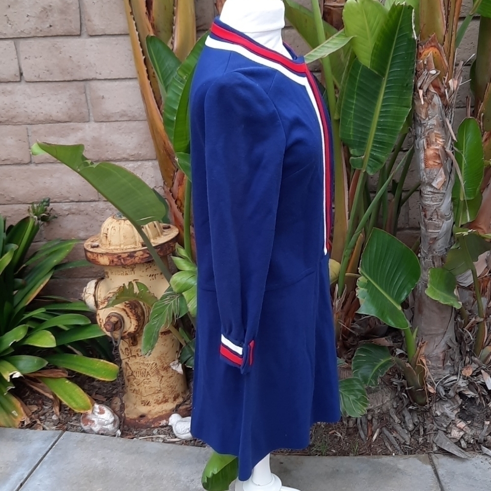 Vintage Handmade Navy Blue Red Stripe Mod Long Sleeve Dress Small - Picture 4 of 13